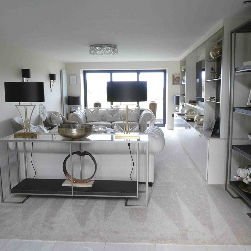 Photo shows completed interior design to modern living room in Culcheth, Cheshire